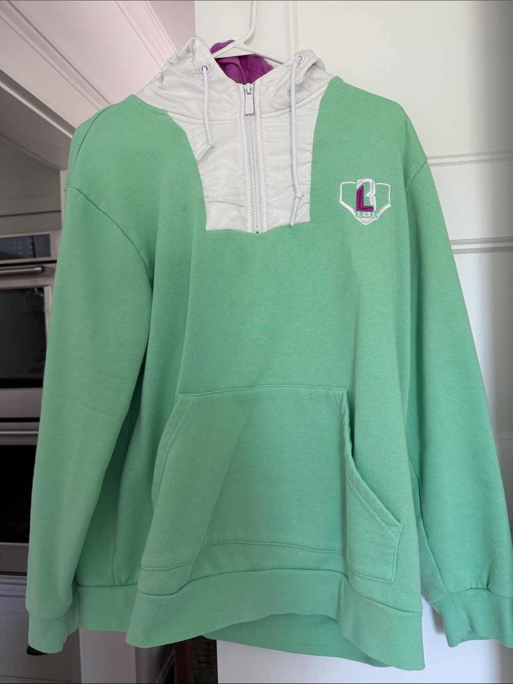 Mint Green Hooded Pullover Sweater with White Zip Insert MEN’s large